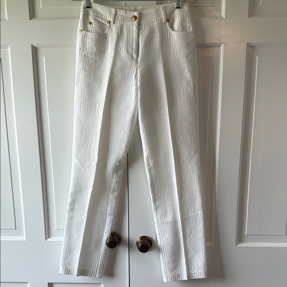 J. MCLAUGHLIN WHITE COTTON PIQUE TEXTURED PANTS SIZE 4 SUMMER PREPPY STRAIGHT